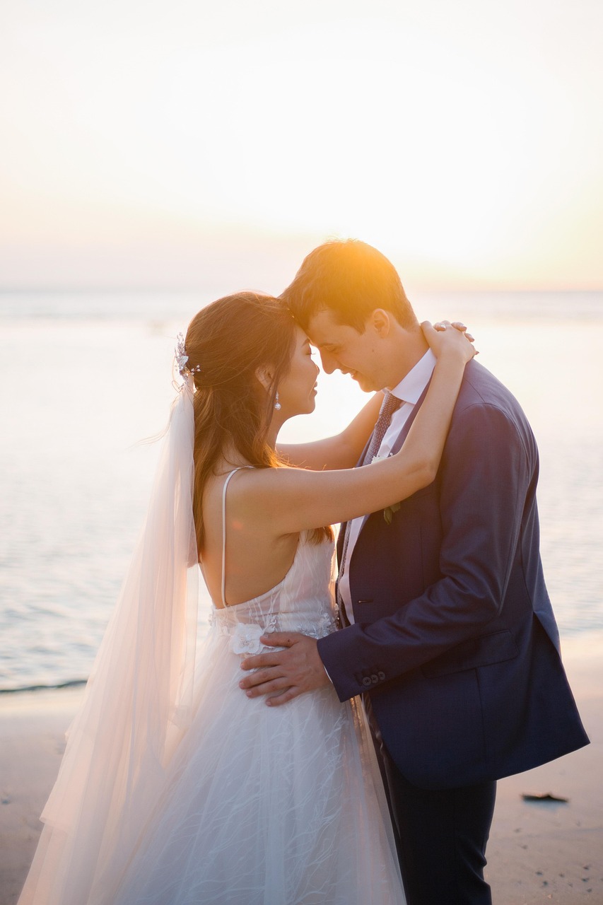 sunset, nature, couple, wedding, bride, groom, married couple, husband, wife, man, woman, romance, romantic, relationship, beach